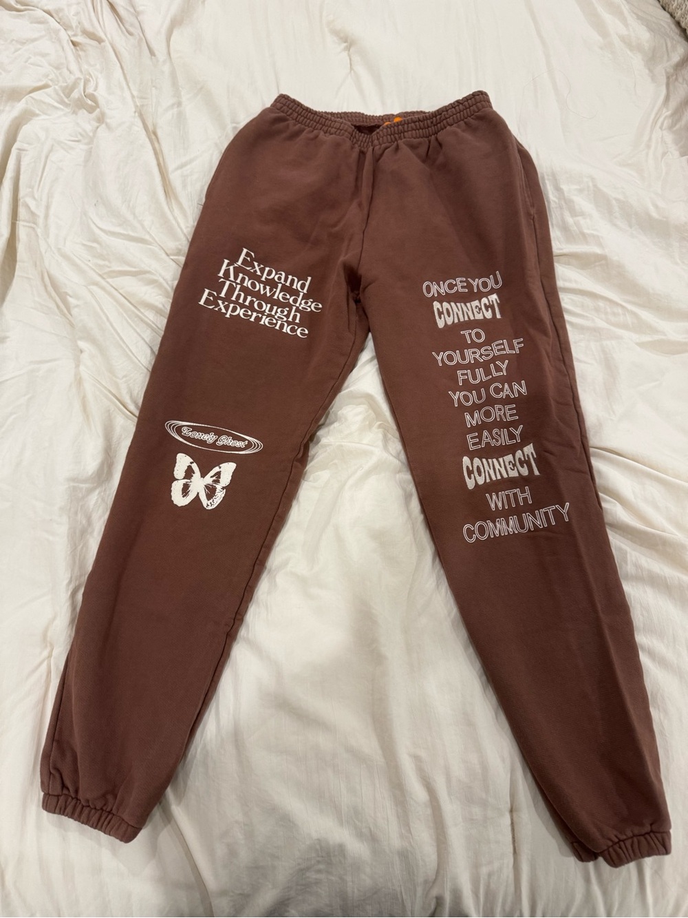 LONELY GHOST Brown Sweatpants with Orange Brand Tag